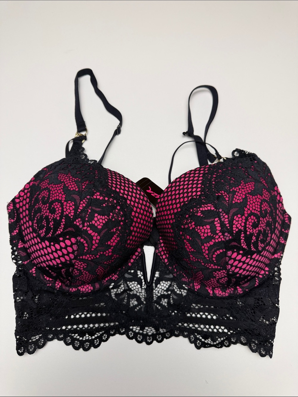 NWT La Senza Beyond Sexy Classic Plunge Black Lace Overlay Push-Up Bra 34DD